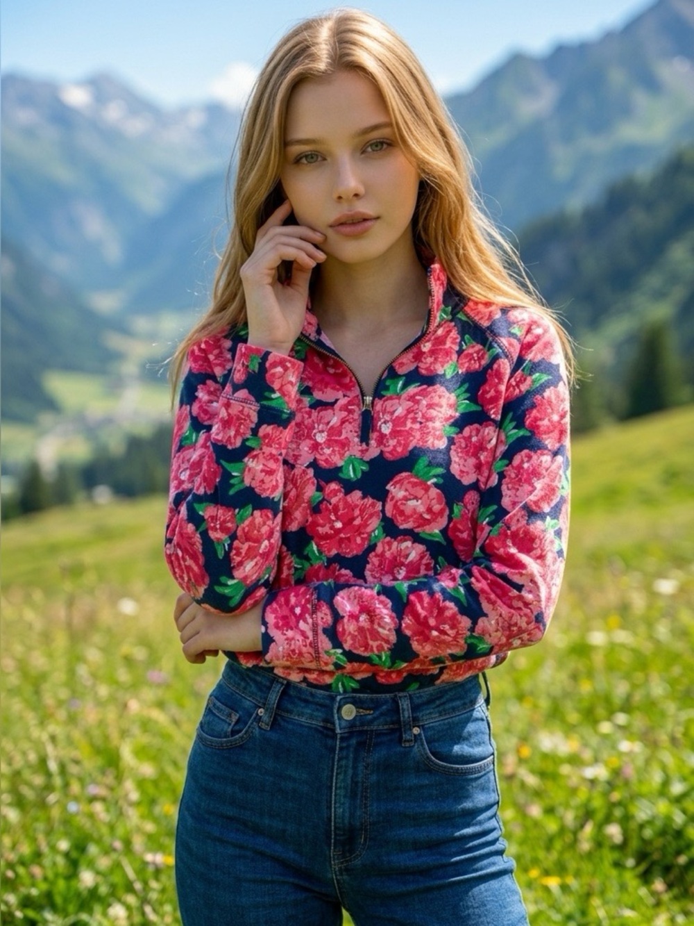 Pink Floral Half-Zip Pullover on Navy - L